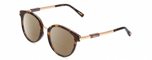Profile View of Chopard VCH239 Designer Polarized Reading Sunglasses with Custom Cut Powered Amber Brown Lenses in Brown Tortoise Havana/Rose Gold Unisex Round Full Rim Acetate 50 mm