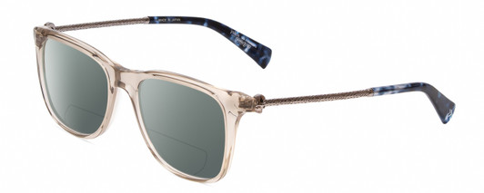 Profile View of John Varvatos V418 Designer Polarized Reading Sunglasses with Custom Cut Powered Smoke Grey Lenses in Smoke Crystal/Silver/Blue Tortoise Ladies Panthos Full Rim Acetate 52 mm