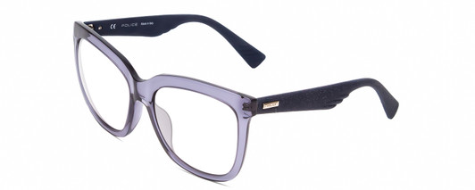 Profile View of POLICE SPL410 Designer Blue Light Blocking Eyeglasses in Navy Blue Crystal/Sparkles Ladies Cat Eye Full Rim Acetate 56 mm