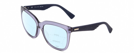 Profile View of POLICE SPL410 Designer Progressive Lens Blue Light Blocking Eyeglasses in Navy Blue Crystal/Sparkles Ladies Cat Eye Full Rim Acetate 56 mm