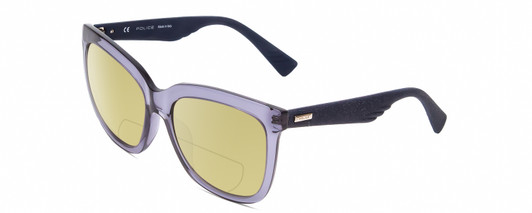 Profile View of POLICE SPL410 Designer Polarized Reading Sunglasses with Custom Cut Powered Sun Flower Yellow Lenses in Navy Blue Crystal/Sparkles Ladies Cat Eye Full Rim Acetate 56 mm