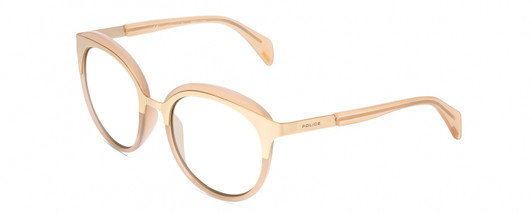 Profile View of POLICE SPL499 Designer Reading Eye Glasses in Pink Crystal/Gold Ladies Cat Eye Full Rim Acetate 53 mm