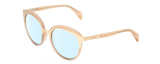 Profile View of POLICE SPL499 Designer Blue Light Blocking Eyeglasses in Pink Crystal/Gold Ladies Cat Eye Full Rim Acetate 53 mm