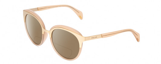 Profile View of POLICE SPL499 Designer Polarized Reading Sunglasses with Custom Cut Powered Amber Brown Lenses in Pink Crystal/Gold Ladies Cat Eye Full Rim Acetate 53 mm