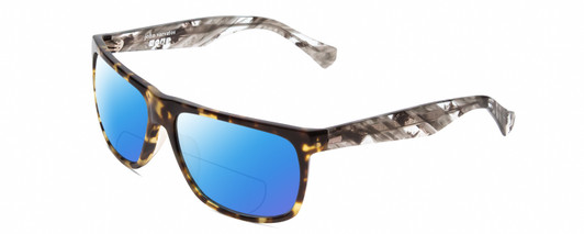 Profile View of John Varvatos V543 Designer Polarized Reading Sunglasses with Custom Cut Powered Blue Mirror Lenses in Olive Green Crystal Tortoise Mens Rectangular Full Rim Acetate 61 mm