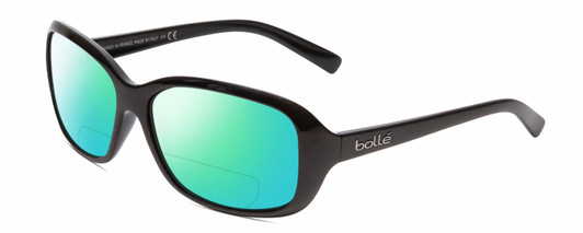 Profile View of Bolle MOLLY Designer Polarized Reading Sunglasses with Custom Cut Powered Green Mirror Lenses in Shiny Black Unisex Oval Full Rim Acetate 56 mm