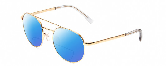 Profile View of Bolle OVA Designer Polarized Reading Sunglasses with Custom Cut Powered Blue Mirror Lenses in Shiny Gold/Crystal Ladies Pilot Full Rim Metal 52 mm