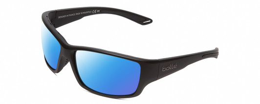 Profile View of Bolle KAYMAN Designer Polarized Sunglasses with Custom Cut Blue Mirror Lenses in Matte Black Mens Panthos Full Rim Acetate 60 mm