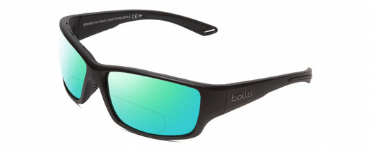 Profile View of Bolle KAYMAN Designer Polarized Reading Sunglasses with Custom Cut Powered Green Mirror Lenses in Matte Black Mens Panthos Full Rim Acetate 60 mm