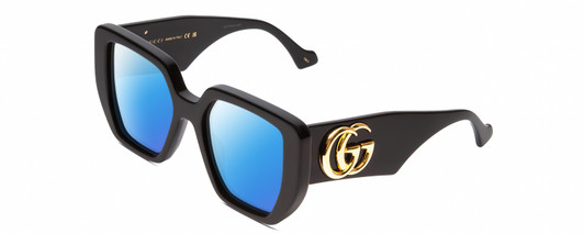 Profile View of GUCCI GG0956S Designer Polarized Sunglasses with Custom Cut Blue Mirror Lenses in Gloss Black/Gold Ladies Hexagonal Full Rim Acetate 54 mm