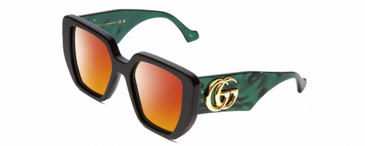 Profile View of GUCCI GG0956S Designer Polarized Sunglasses with Custom Cut Red Mirror Lenses in Black/Emerald Green/Gold Ladies Hexagonal Full Rim Acetate 54 mm