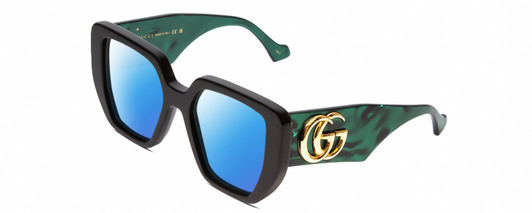 Profile View of GUCCI GG0956S Designer Polarized Sunglasses with Custom Cut Blue Mirror Lenses in Black/Emerald Green/Gold Ladies Hexagonal Full Rim Acetate 54 mm