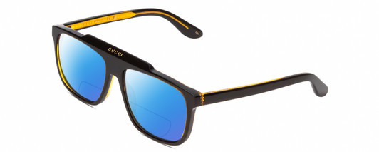 Profile View of GUCCI GG1039S Designer Polarized Reading Sunglasses with Custom Cut Powered Blue Mirror Lenses in Black/Orange Gold Mens Square Full Rim Acetate 58 mm