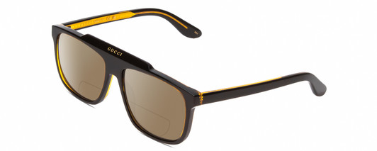 Profile View of GUCCI GG1039S Designer Polarized Reading Sunglasses with Custom Cut Powered Amber Brown Lenses in Black/Orange Gold Mens Square Full Rim Acetate 58 mm
