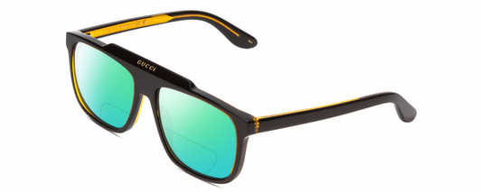 Profile View of GUCCI GG1039S Designer Polarized Reading Sunglasses with Custom Cut Powered Green Mirror Lenses in Black/Orange Gold Mens Square Full Rim Acetate 58 mm