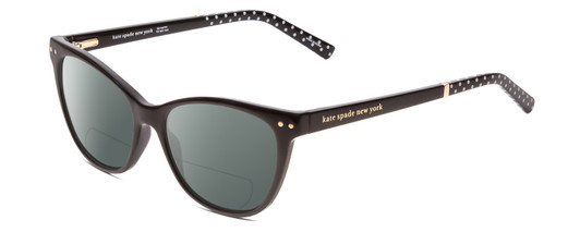 Profile View of Kate Spade JOHNESHA Designer Polarized Reading Sunglasses with Custom Cut Powered Smoke Grey Lenses in Black W/ White Polka Dots Ladies Cat Eye Full Rim Acetate 52 mm