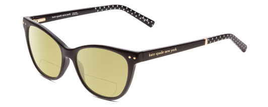 Profile View of Kate Spade JOHNESHA Designer Polarized Reading Sunglasses with Custom Cut Powered Sun Flower Yellow Lenses in Black W/ White Polka Dots Ladies Cat Eye Full Rim Acetate 52 mm