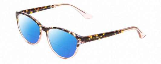 Profile View of Prive Revaux Focused Designer Polarized Reading Sunglasses with Custom Cut Powered Blue Mirror Lenses in Blue Tortoise Havana/Rose Crystal Ladies Cateye Full Rim Acetate 52 mm