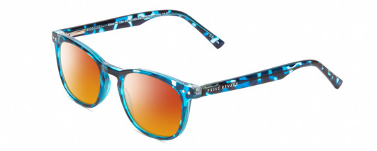Profile View of Prive Revaux Show Off Single Designer Polarized Sunglasses with Custom Cut Red Mirror Lenses in Blue Tortoise Havana Ladies Round Full Rim Acetate 48 mm
