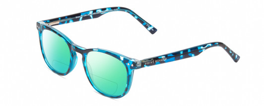 Profile View of Prive Revaux Show Off Single Designer Polarized Reading Sunglasses with Custom Cut Powered Green Mirror Lenses in Blue Tortoise Havana Ladies Round Full Rim Acetate 48 mm