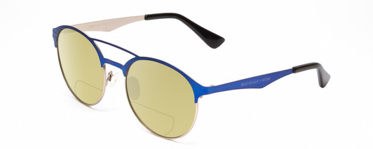 Profile View of Prive Revaux Laguna Designer Polarized Reading Sunglasses with Custom Cut Powered Sun Flower Yellow Lenses in Matte Royal Blue/Silver/Black Unisex Aviator Full Rim Metal 52 mm