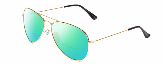 Profile View of Prive Revaux Commando Designer Polarized Reading Sunglasses with Custom Cut Powered Green Mirror Lenses in Champagne Gold/Black Unisex Aviator Full Rim Metal 60 mm