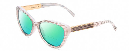 Profile View of Prive Revaux Hepburn 2.0 Designer Polarized Reading Sunglasses with Custom Cut Powered Green Mirror Lenses in Splash White Grey Marble/Gold Ladies Cateye Full Rim Acetate 56 mm