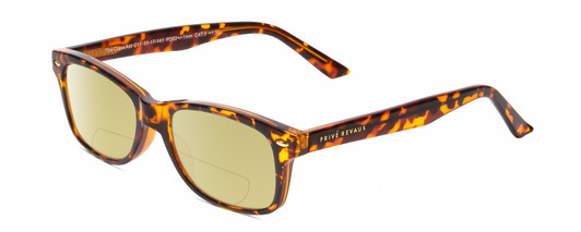 Profile View of Prive Revaux Class Act Designer Polarized Reading Sunglasses with Custom Cut Powered Sun Flower Yellow Lenses in Toffee Brown Crystal Tortoise Havana Ladies Oval Full Rim Acetate 48 mm