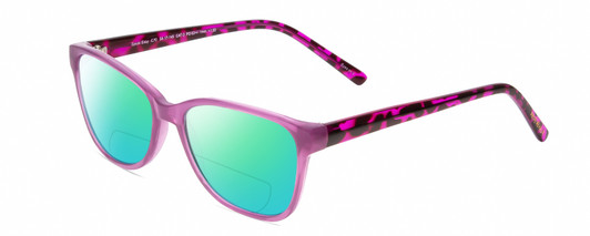 Profile View of Prive Revaux Speak Easy Designer Polarized Reading Sunglasses with Custom Cut Powered Green Mirror Lenses in Mauva Crystal/Purple Tortoise/Gold Pearl Chain Ladies Cateye Full Rim Acetate 21 mm