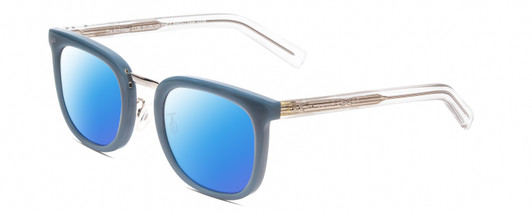 Profile View of Prive Revaux Alchemist Designer Polarized Sunglasses with Custom Cut Blue Mirror Lenses in Teal Stone Blue/Clear Crystal Unisex Square Full Rim Acetate 50 mm