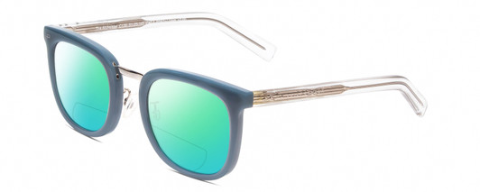 Profile View of Prive Revaux Alchemist Designer Polarized Reading Sunglasses with Custom Cut Powered Green Mirror Lenses in Teal Stone Blue/Clear Crystal Unisex Square Full Rim Acetate 50 mm