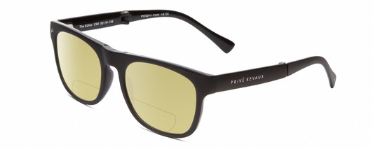 Profile View of Prive Revaux Editor FOLDING Designer Polarized Reading Sunglasses with Custom Cut Powered Sun Flower Yellow Lenses in Caviar Black Unisex Classic Full Rim Acetate 52 mm