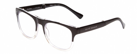 Profile View of Prive Revaux Editor FOLDING Designer Blue Light Blocking Eyeglasses in Caviar Black Crystal Fade Unisex Classic Full Rim Acetate 52 mm