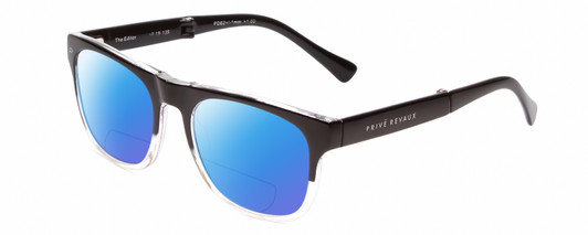 Profile View of Prive Revaux Editor FOLDING Designer Polarized Reading Sunglasses with Custom Cut Powered Blue Mirror Lenses in Caviar Black Crystal Fade Unisex Classic Full Rim Acetate 52 mm