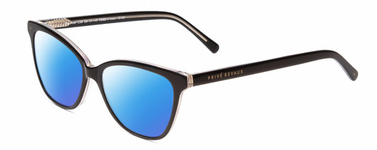 Profile View of Prive Revaux Poet Designer Polarized Sunglasses with Custom Cut Blue Mirror Lenses in Caviar Black/Clear Crystal Ladies Cateye Full Rim Acetate 52 mm