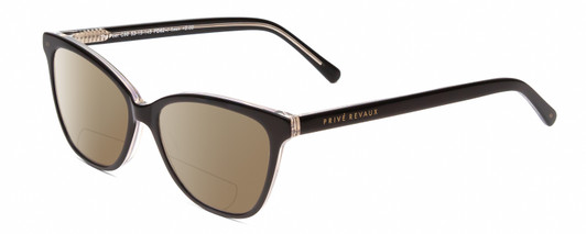 Profile View of Prive Revaux Poet Designer Polarized Reading Sunglasses with Custom Cut Powered Amber Brown Lenses in Caviar Black/Clear Crystal Ladies Cateye Full Rim Acetate 52 mm