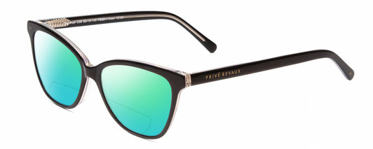 Profile View of Prive Revaux Poet Designer Polarized Reading Sunglasses with Custom Cut Powered Green Mirror Lenses in Caviar Black/Clear Crystal Ladies Cateye Full Rim Acetate 52 mm