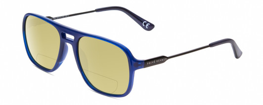 Profile View of Prive Revaux 3.0.5 Designer Polarized Reading Sunglasses with Custom Cut Powered Sun Flower Yellow Lenses in Midnight Crystal Blue/Gunmetal Unisex Aviator Full Rim Acetate 56 mm