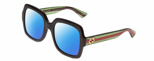 Profile View of Gucci GG0036SN Designer Polarized Sunglasses with Custom Cut Blue Mirror Lenses in Black Green Red Gold Logo Ladies Square Full Rim Acetate 54 mm