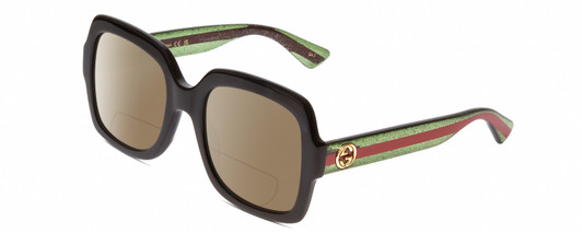 Profile View of Gucci GG0036SN Designer Polarized Reading Sunglasses with Custom Cut Powered Amber Brown Lenses in Black Green Red Gold Logo Ladies Square Full Rim Acetate 54 mm
