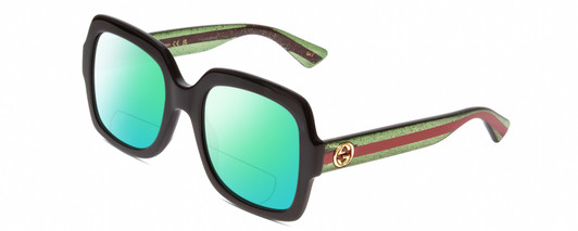 Profile View of Gucci GG0036SN Designer Polarized Reading Sunglasses with Custom Cut Powered Green Mirror Lenses in Black Green Red Gold Logo Ladies Square Full Rim Acetate 54 mm