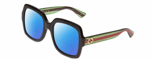 Profile View of Gucci GG0036SN Designer Polarized Reading Sunglasses with Custom Cut Powered Blue Mirror Lenses in Black Green Red Gold Logo Ladies Square Full Rim Acetate 54 mm