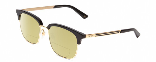Profile View of Gucci GG0697S Designer Polarized Reading Sunglasses with Custom Cut Powered Sun Flower Yellow Lenses in Black Gold Unisex Panthos Full Rim Metal 55 mm