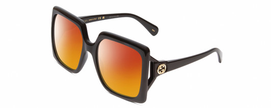 Profile View of Gucci GG0876S Designer Polarized Sunglasses with Custom Cut Red Mirror Lenses in Gloss Black Gold Logo Ladies Square Full Rim Acetate 60 mm