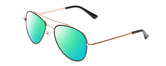 Profile View of Kenneth Cole Reaction KC2837 Designer Polarized Reading Sunglasses with Custom Cut Powered Green Mirror Lenses in Rose Gold Black Ladies Pilot Full Rim Metal 55 mm
