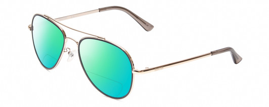 Profile View of Kenneth Cole Reaction KC2837 Designer Polarized Reading Sunglasses with Custom Cut Powered Green Mirror Lenses in Gold Blue Ladies Pilot Full Rim Metal 55 mm