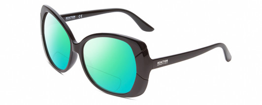 Profile View of Kenneth Cole Reaction KC2841 Designer Polarized Reading Sunglasses with Custom Cut Powered Green Mirror Lenses in Gloss Black Ladies Butterfly Full Rim Acetate 58 mm
