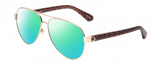 Profile View of Kate Spade GENEVA Designer Polarized Reading Sunglasses with Custom Cut Powered Green Mirror Lenses in Gold Pink Crystal Black Floral Ladies Pilot Full Rim Metal 59 mm
