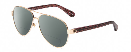 Profile View of Kate Spade GENEVA Designer Polarized Reading Sunglasses with Custom Cut Powered Smoke Grey Lenses in Gold Pink Crystal Black Floral Ladies Pilot Full Rim Metal 59 mm