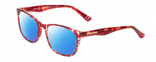 Profile View of Calabria Prive Shawn Designer Polarized Sunglasses with Custom Cut Blue Mirror Lenses in Crystal Cherry Red Tortoise Havana Ladies Panthos Full Rim Acetate 56 mm